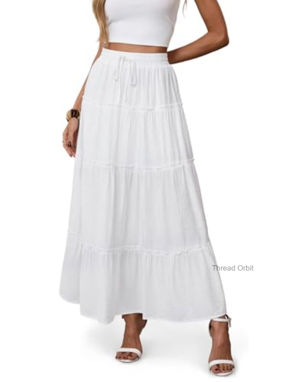 Flowy Boho Maxi Skirt Tiered A-Line High Waist Drawstring Casual